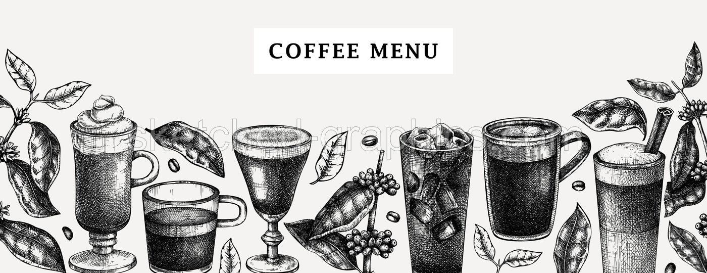 Hand-sketched coffee banner design. Vector sketches of  mugs with aromatic caffeine drinks templates. With botanical coffee plants, leaves and beans in vintage style. Vector beverages background Illustration